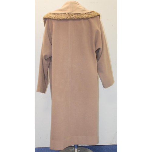 439 - Brenner's vintage lady's camel wool swing coat, with astrakhan wool trim to collar.