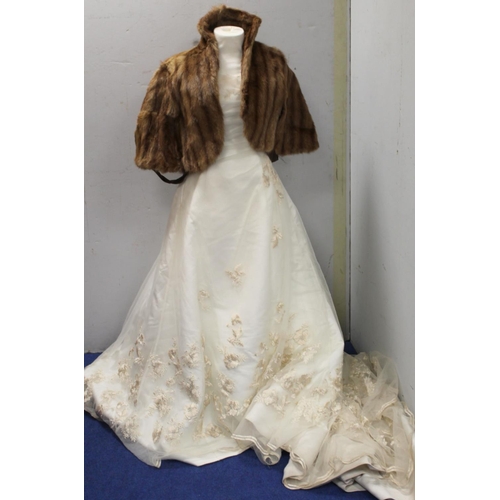 440 - Vintage Rosetta Nicolini strapless bridal gown, net overlay and cream and silver appliqued floral em... 