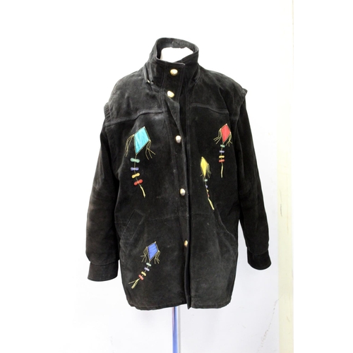 444 - Vintage Dino'z oversized black suede jacket, circa late 1980s/1990s, with appliqued and cut away pol... 