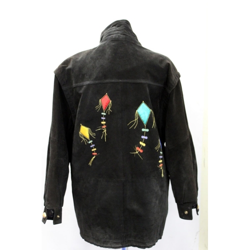 444 - Vintage Dino'z oversized black suede jacket, circa late 1980s/1990s, with appliqued and cut away pol... 