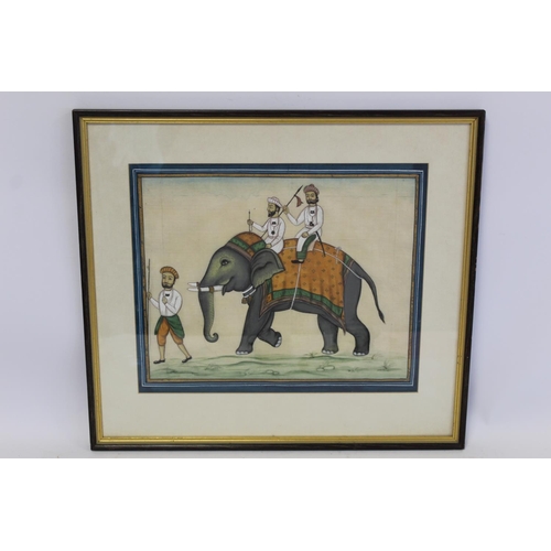 334 - Indian watercolour painting on silk depicting figures riding an elephant, 29cm x 35cm.