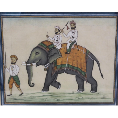 334 - Indian watercolour painting on silk depicting figures riding an elephant, 29cm x 35cm.