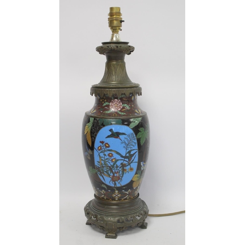 336 - Japanese cloisonné table lamp converted from an oil lamp, the main body decorated with a landscape p... 