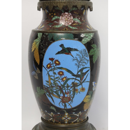 336 - Japanese cloisonné table lamp converted from an oil lamp, the main body decorated with a landscape p... 