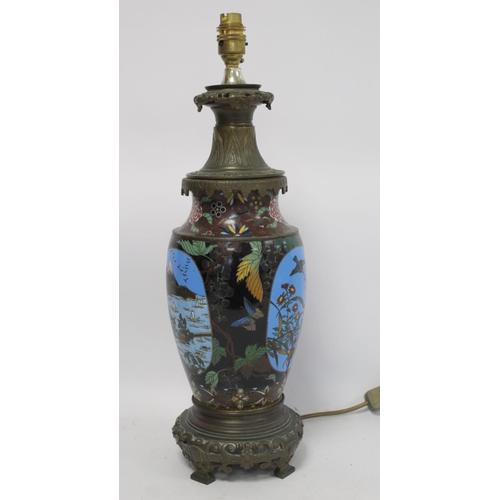 336 - Japanese cloisonné table lamp converted from an oil lamp, the main body decorated with a landscape p... 