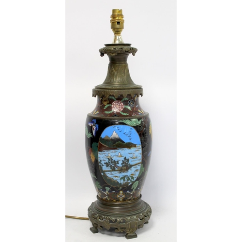 336 - Japanese cloisonné table lamp converted from an oil lamp, the main body decorated with a landscape p... 