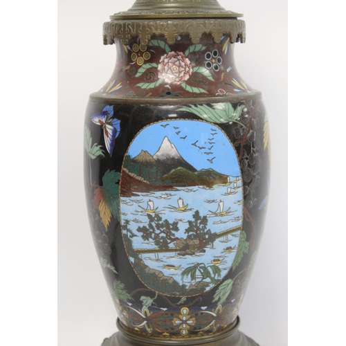 336 - Japanese cloisonné table lamp converted from an oil lamp, the main body decorated with a landscape p... 