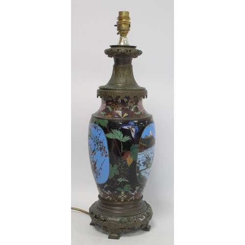 336 - Japanese cloisonné table lamp converted from an oil lamp, the main body decorated with a landscape p... 