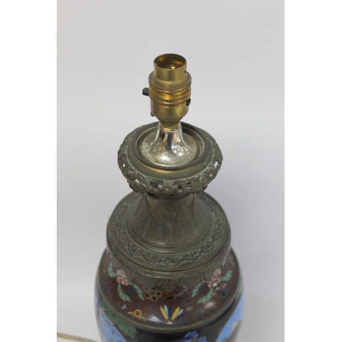 336 - Japanese cloisonné table lamp converted from an oil lamp, the main body decorated with a landscape p... 