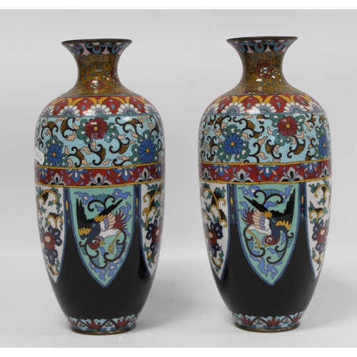 337 - Pair of Oriental cloisonné vases of ovoid baluster form with polychrome panels and borders of phoeni... 