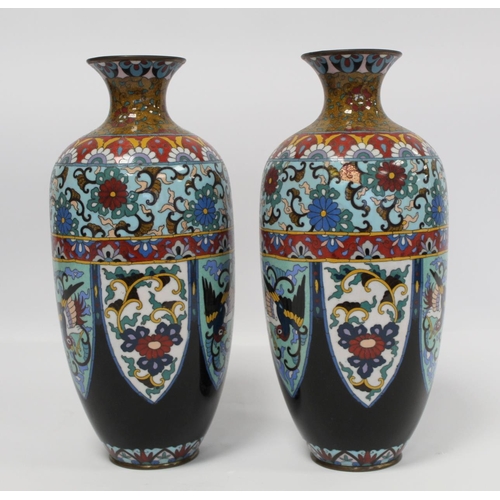 337 - Pair of Oriental cloisonné vases of ovoid baluster form with polychrome panels and borders of phoeni... 