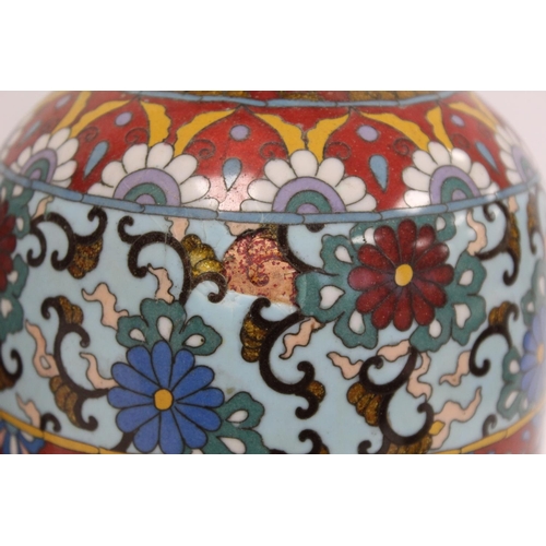 337 - Pair of Oriental cloisonné vases of ovoid baluster form with polychrome panels and borders of phoeni... 