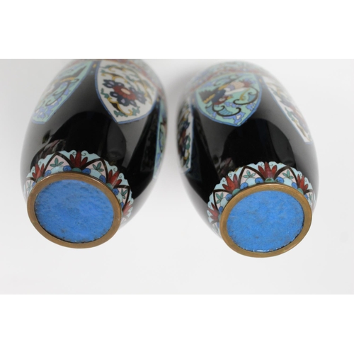 337 - Pair of Oriental cloisonné vases of ovoid baluster form with polychrome panels and borders of phoeni... 