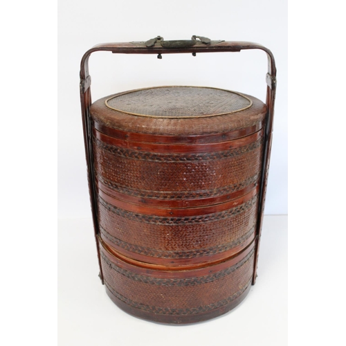 341 - Late 19th/early 20th century Chinese bamboo and cane three tiered wedding basket with red brown lacq... 