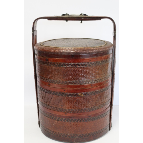 341 - Late 19th/early 20th century Chinese bamboo and cane three tiered wedding basket with red brown lacq... 