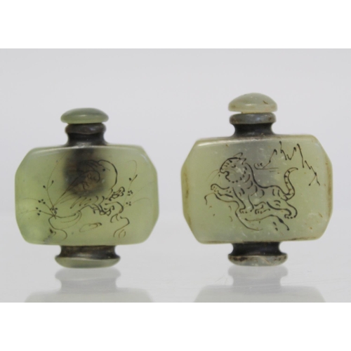 351 - Early 20th century Chinese snuff bottle of footed canted rectangular form in sage green hardstone or... 