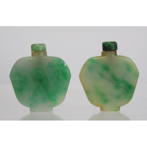 352 - Pair of 20th century Chinese jade snuff bottles of flat apple form with green mottling and jade stop... 