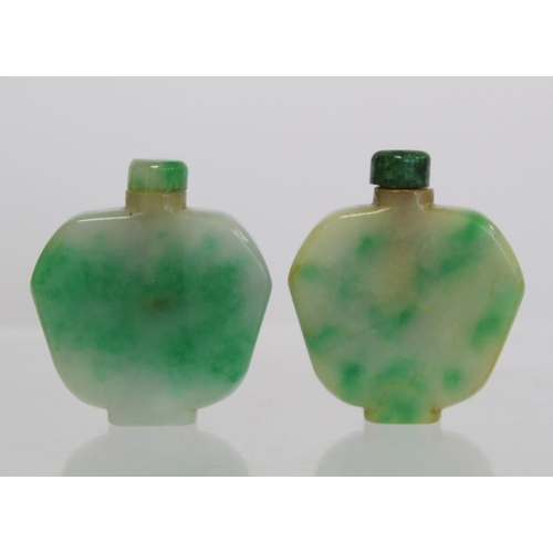 352 - Pair of 20th century Chinese jade snuff bottles of flat apple form with green mottling and jade stop... 