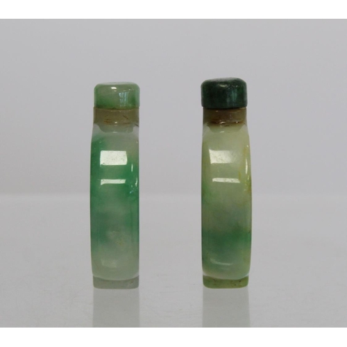 352 - Pair of 20th century Chinese jade snuff bottles of flat apple form with green mottling and jade stop... 