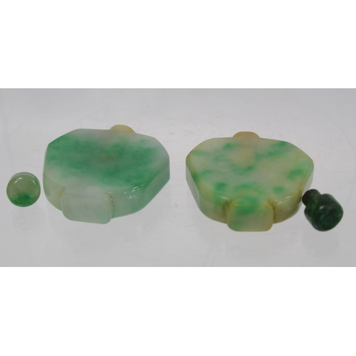 352 - Pair of 20th century Chinese jade snuff bottles of flat apple form with green mottling and jade stop... 