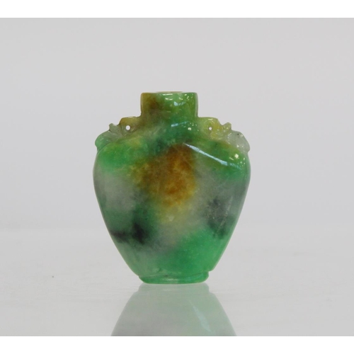 353 - 20th century Chinese jade snuff bottle of flat baluster form with carved shoulders, green, yellow an... 