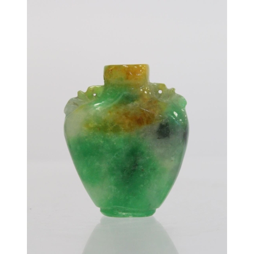 353 - 20th century Chinese jade snuff bottle of flat baluster form with carved shoulders, green, yellow an... 