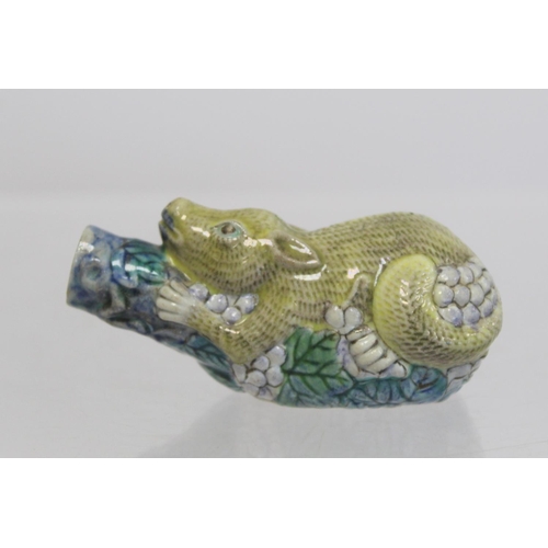 356 - 19th/20th century Chinese famille verte porcelain snuff bottle moulded in the form of a squirrel on ... 