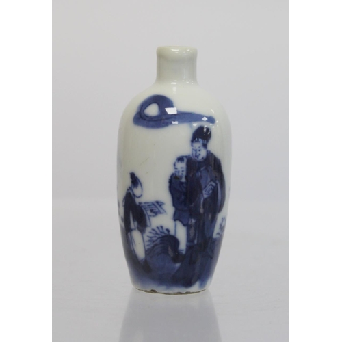 357 - 19th century Chinese underglaze blue and white porcelain snuff bottle of ovoid form depicting figure... 