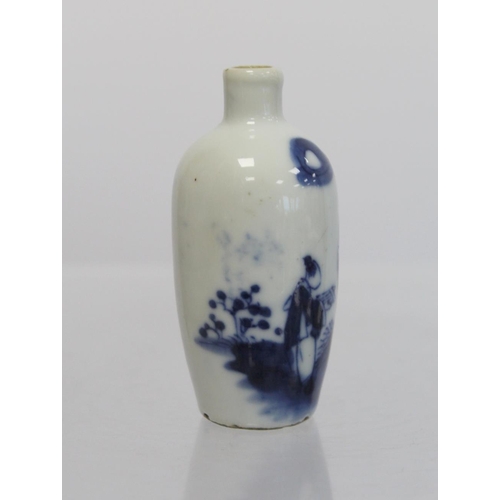 357 - 19th century Chinese underglaze blue and white porcelain snuff bottle of ovoid form depicting figure... 