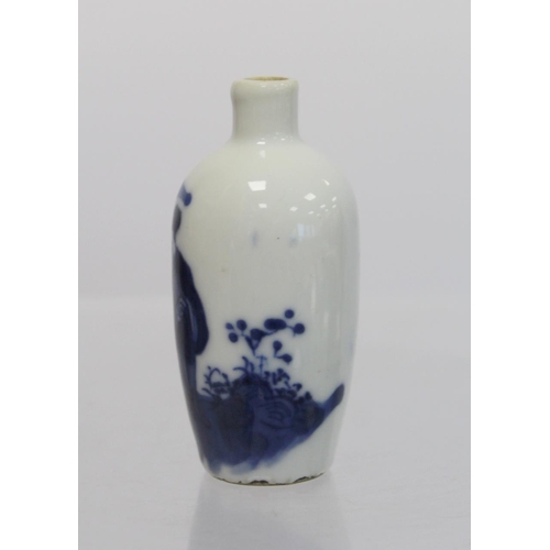 357 - 19th century Chinese underglaze blue and white porcelain snuff bottle of ovoid form depicting figure... 