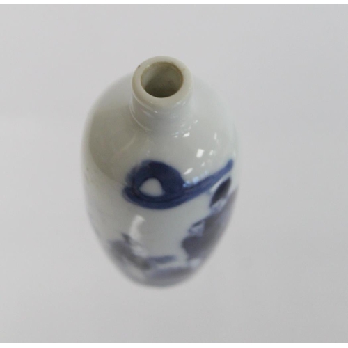 357 - 19th century Chinese underglaze blue and white porcelain snuff bottle of ovoid form depicting figure... 