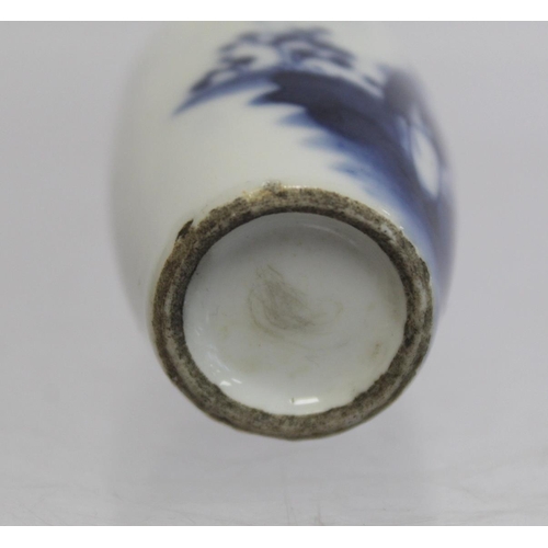 357 - 19th century Chinese underglaze blue and white porcelain snuff bottle of ovoid form depicting figure... 