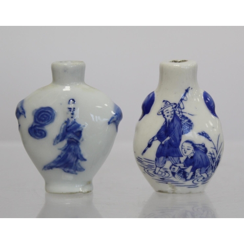 358 - Chinese underglaze blue and white porcelain snuff bottle depicting a peddler and scholar and another... 