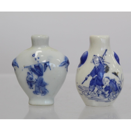 358 - Chinese underglaze blue and white porcelain snuff bottle depicting a peddler and scholar and another... 