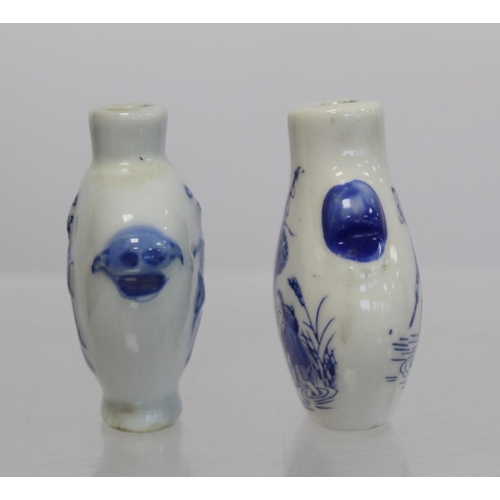 358 - Chinese underglaze blue and white porcelain snuff bottle depicting a peddler and scholar and another... 