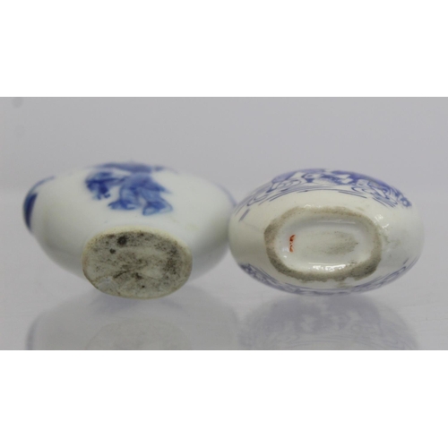 358 - Chinese underglaze blue and white porcelain snuff bottle depicting a peddler and scholar and another... 