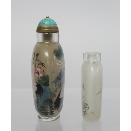 359 - Large 20th century Chinese glass snuff bottle with internal painted decoration of cranes, pine trees... 