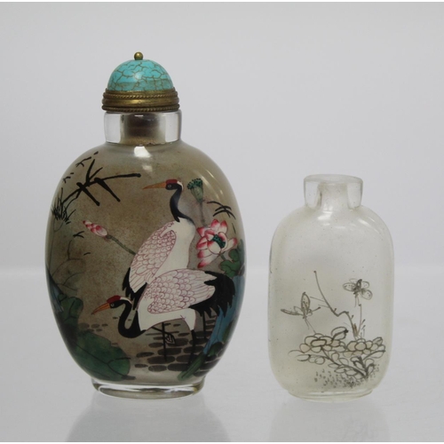 359 - Large 20th century Chinese glass snuff bottle with internal painted decoration of cranes, pine trees... 