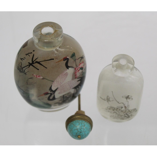 359 - Large 20th century Chinese glass snuff bottle with internal painted decoration of cranes, pine trees... 