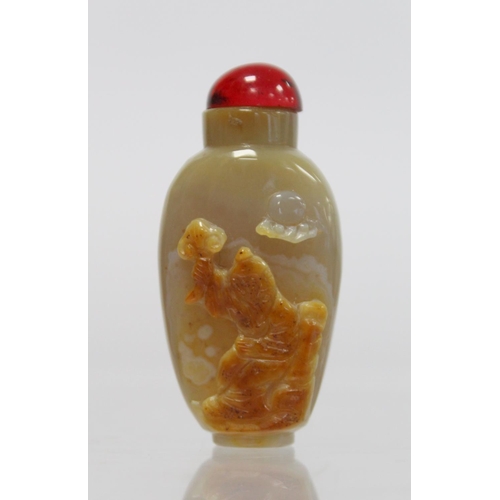 360 - 20th century Chinese small café au lait agate snuff bottle of ovoid form with relief carving of a sa... 