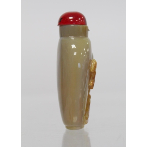 360 - 20th century Chinese small café au lait agate snuff bottle of ovoid form with relief carving of a sa... 