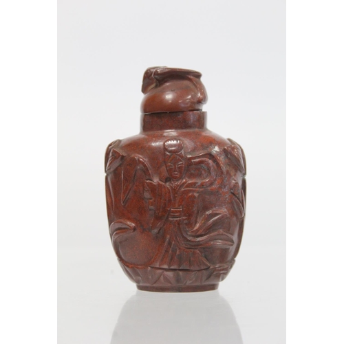 363 - 20th century Chinese large red hardstone snuff bottle carved with two 