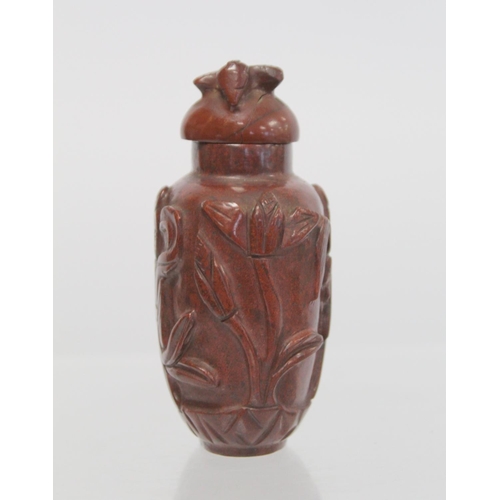 363 - 20th century Chinese large red hardstone snuff bottle carved with two 