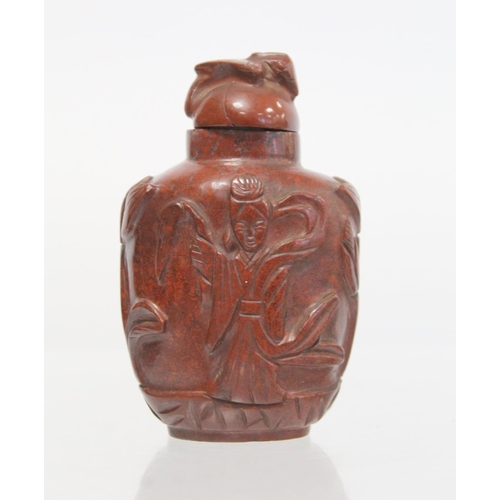 363 - 20th century Chinese large red hardstone snuff bottle carved with two 