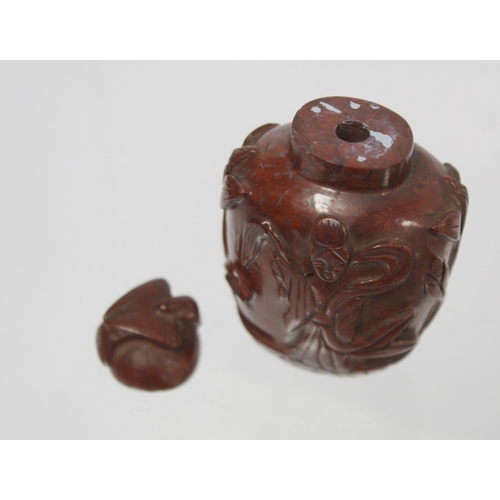 363 - 20th century Chinese large red hardstone snuff bottle carved with two 