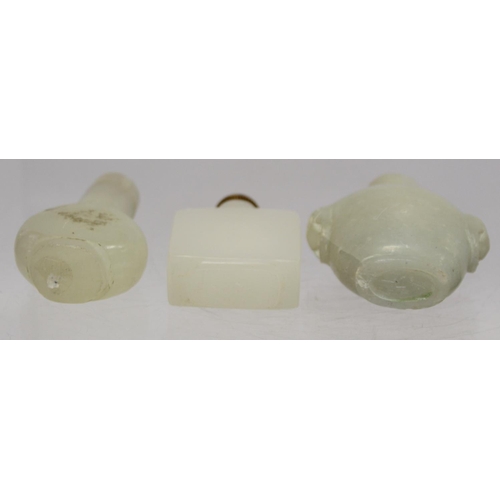 367 - Three Chinese white soapstone snuff bottles: one with twin mask head handles, lacking stopper, 6cm h... 