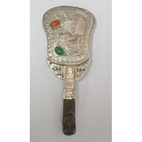 370 - Chinese lady's hand mirror, the plated repoussé back with scrolling dragon and two oval caboc... 