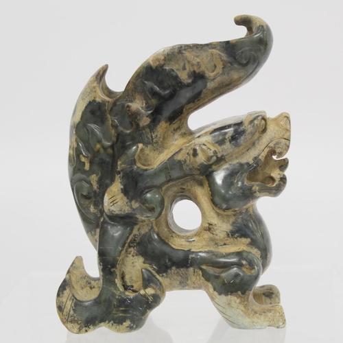 371 - Large Chinese mottled brown and green stone brush washer pierced and carved in the form of a Pixiu, ... 