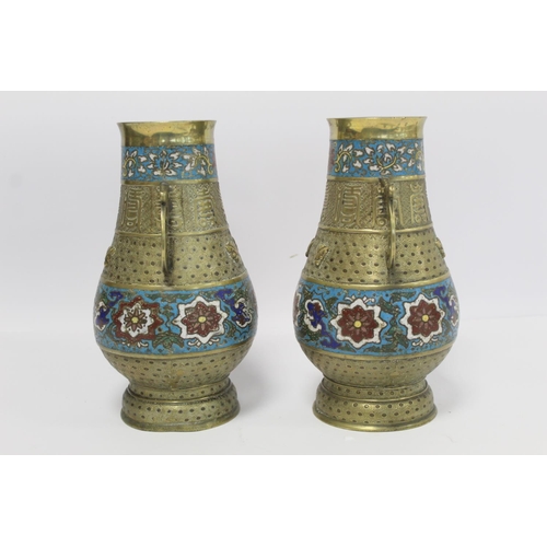 372 - Pair of Chinese brass vases of twin handled baluster form with floral cloisonné banding and m... 