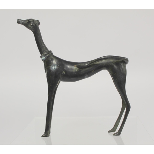 373 - Chinese bronze figure of a standing hunting dog or greyhound of elongated stylised form, 22.5cm high... 